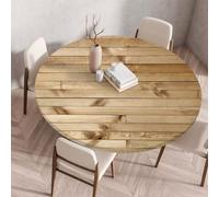 Tree Wipeable Table Cloth Round Tablecloth Protector, Woodgrain Effect Texture Elastic Edged Fitted Backed Splash-Proof Table Cover Washable for Dining Room Kitchen Picnic Party (Light Brown,130cm)