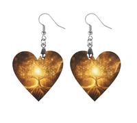 Tree with Golden Sacred Geometry Symbols Round Wooden Earrings Boho Drop Pendant Fashion Gifts for Women