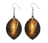 Tree with Golden Sacred Geometry Symbols Round Wooden Earrings Boho Drop Pendant Fashion Gifts for Women