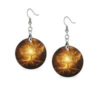 Tree with Golden Sacred Geometry Symbols Round Wooden Earrings Boho Drop Pendant Fashion Gifts for Women
