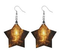 Tree with Golden Sacred Geometry Symbols Round Wooden Earrings Boho Drop Pendant Fashion Gifts for Women