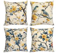 Tree Yellow Flowers Outdoor Cushion Covers Set of 4, Linen Cushion Covers 35x35cm, Square Throw Pillow Covers Decorative for for Chair, Sofa, Bedroom, Living Room, Cushion Covers 14x14 inch