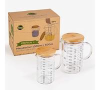 TreeBox Premium Glass Measuring Cups - 1 L & 500 ml - Set of 2 - Robust and Heat-Resistant Measuring Cup Set Made of Borosilicate Glass with Bamboo Lid - Microwave Safe - for Baking & Mixing