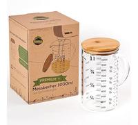 TreeBox Premium Measuring jug 1l - Measuring jug Glass - Robust and Heat-Resistant Measuring jug Set Made of Borosilicate Glass with Bamboo lid - Microwave-Safe - Perfect for Baking, Cooking