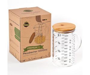TreeBox Premium Measuring jug 1l - Measuring jug Glass - Robust and Heat-Resistant Measuring jug Set Made of Borosilicate Glass with Bamboo lid - Microwave-Safe - Perfect for Baking, Cooking