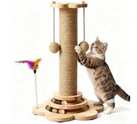 Treeboy Cat Scratching Post for Indoor Cats with Natural Sisal - Sturdy Cat Scratcher With Solid Wooden Base, Kitten Toys with Interactive Track Ball, Spring Feather,Play Platform & Scratch Post 50cm