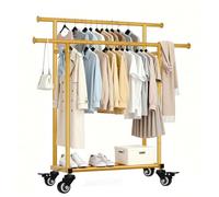 Treeboy Double Rod Clothes Rail, Free Standing Heavy Duty Clothes Rack with 4 Lockable Wheels & Storage Shelf, Metal Clothing Rail for Bedroom, Laundry, Living Room - 162H x 113W x 41D cm