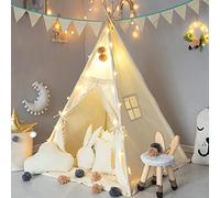 TreeBud Kids Teepee Tent with Padded Mat, Banner, Yarn Ball, Carry Bag, Beige Cotton Canvas Play Tent for Child with Tassels Lace, Play House Tipi for Kids Room Decor