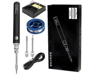 Treedix Soldering Iron Kit, 8W Welding Tools with Adjustable Temperature 330 to 450℃, Cordless Electric Soldering Iron/USB Charging Cable/Soldering Stand/3pcs Tips for Soldering and Repair (Black)
