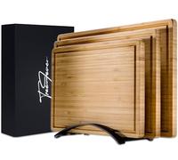 TreeFever Bamboo Chopping Board Set, 3 Wooden Chopping Boards with Aluminium Stand, Silver, 34 cm x 23 cm, 30 cm x 21 cm, 26 cm x 19 cm, Space Saving, Built-in Groove, Kitchen Utensil