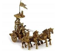 TreegoArt Elegant Brass Chariot with Antique Lord Krishna & Arjuna Rath Idol with Vijay Pataka and Lord Hanuman Sitting For Home And Temple- 9.5 Inches