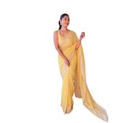 TreegoArt Fashion Women's Georgette Ethnic Wear Saree With Unstitched Blouse Piece -(Hexagun Yellow)