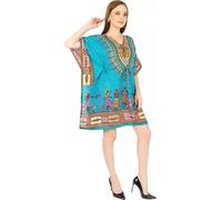 TreegoArt Fashion Women's Polyester Short African Kaftan Caftan Printed Adjustable Boho Dress Nightwear Maxi Gown, Turquoise, One Size