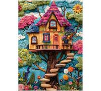 Treehouse Patchwork Puzzles for Adults 1000 Pieces, PICKFORU Embroidery Quilting Art Flowers Tree Puzzle, Fabric House Theme Jigsaw Puzzles