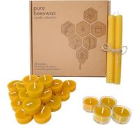 Treehouseco Set of 20 Pure Beeswax Tealights, 2 Honeycomb Taper Candles & 4 Reusable Glass Holders - Long Burning Tea Lights & Long Candles - Non-Toxic Bees Wax, Eco Friendly