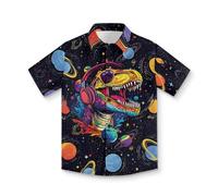 Treeinart Galaxy Planet Dinosaur Boys Button Down Shirt Soft Short Sleeve Tops Classic Collar Shirts Regular Fit Beach Wear