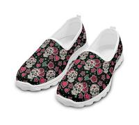 Treeinart Red Floral Love Skull Loafer Flats Shoes for Women Comfortable Low Top Shoes Lightweight Slip on Round Toe Flats for Running, Hiking,Jogging