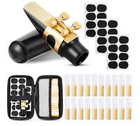 Treela 49 Pcs Alto Saxophone Replacement Kit Includes 1 Gold Sax Ligature 1 Mouthpiece 1 Plastic Cap 21 Sax 2.5 Reeds 24 Mouthpiece Pads 1 EVA Storage Case for Alto Saxophone Parts and Accessories