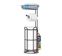 TreeLen Black Free-Standing Toilet Paper Holder with Shelf - Tissue Roll Dispenser and Magazine Rack - Fits Mega Rolls, Phone, and Wipes