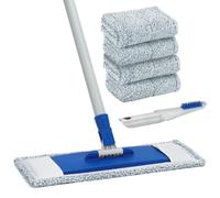 TreeLen Flat Mop and Bucket-Free Floor Cleaner with 4 Washable Microfibre Pads, 145cm Extra Long Stainless Steel Handle, Wet & Dry Mop for Hardwood, Laminate, Vinyl and Tiles, Versatile Wall and Floor