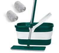 TreeLen Flat Mop and Foldable Bucket Set, Hands-Free Squeeze Mop with Self-Cleaning Function, 2 Washable Microfibre Pads Included, Compact Floor Cleaner for Bathroom, Tiles, Windows and Car, Grey/Whit
