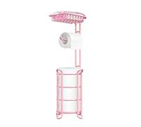 Pink Free-Standing Toilet Paper Holder - Floor Standing Roll Dispenser with Storage for 4 Reserve Mega Rolls, Phone, and Wipes