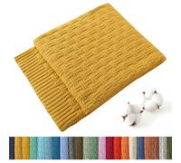 TREELY 100% Cotton Knitted Throw Blanket 31 x 40 Inches, Mustard Yellow | Couch Cover Blanket, Decorative for Couch, Bed & Sofa