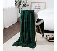 TREELY Dark Green Throw Blanket with Fringe Tassels Knitted Throw Blanket Textured Solid Decorative Knit Blanket for Bed Couch, 50" x 67.7", Dark Green