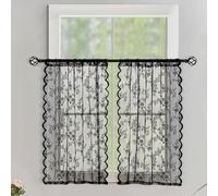 Treer 2 Panels Kitchen Curtains Short for Small Window, Transparent Lace Net Voile Curtains, Sheer Valance with Rod Pocket for Cafe Bathroom Cupboard Living Room Decor (Black,29.5x39.4in)
