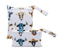 Treer 2 PCS Wet Dry Bags Waterproof Nappy Bag, Cartoon Animals Pattern Cloth Diaper Bags with Zipper, Washable Reusable Organizer for Daycare Travel Beach Swimming Pool Gym (Cow)