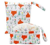 Treer 2 PCS Wet Dry Bags Waterproof Nappy Bag, Cartoon Animals Pattern Cloth Diaper Bags with Zipper, Washable Reusable Organizer for Daycare Travel Beach Swimming Pool Gym (Red Fox)