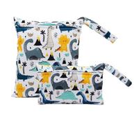Treer 2 PCS Wet Dry Bags Waterproof Nappy Bag, Cartoon Animals Pattern Cloth Diaper Bags with Zipper, Washable Reusable Organizer for Daycare Travel Beach Swimming Pool Gym (Dinosaur)