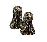 Treer 2pcs Silk Durag for Men Women, Long Tail Durag Headwraps Unisex Sport Cap Pirate Bandanas Turban for 360 Waves (One size,Golden rose)