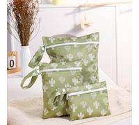 Treer 3 PCS Wet Bags Baby Cloth Nappy Wet Bag Waterproof Reusable Pastoral Style Print Diaper Bags with Zipper,Wet Dry Organizer Bag for Swimming, Baby Diaper, Travel Beach (Green Cactus)