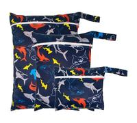 Treer 3 PCS Wet Bags for Baby Diaper Cloth Nappy, Cartoon Animals Waterproof Reusable Swimsuit Organizer Washable Wet Dry Bag with Zipper for Kids Swimming, Beach, Travel - (Shark)