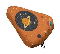 Treer 3D Planet Print Bike Seat Cover, Outdoor Bicycle Saddle Rain Dust Cover with Elastic, Water Resistant Bicycle Seat Protector Shield Non-Slip Lightweight for Journey (Orange,1-piece)