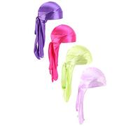 Treer 4pcs artificial silk Durag for Men Women, Solid color Long Tail Durag Headwraps Unisex Sport Cap Pirate Bandanas Turban for 360 Waves (One size,C)