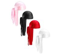 Treer 4pcs artificial silk Durag for Men Women, Solid color Long Tail Durag Headwraps Unisex Sport Cap Pirate Bandanas Turban for 360 Waves (One size,D)