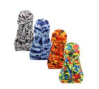 Treer 4pcs Silk Durag for Men Women, Long Tail Durag Headwraps Unisex Sport Cap Pirate Bandanas Turban for 360 Waves, Camouflage print (One size,Set 1)