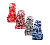 Treer 4pcs Silk Durag for Men Women, Long Tail Durag Headwraps Unisex Sport Cap Pirate Bandanas Turban for 360 Waves, Camouflage print (One size,Set 5)
