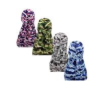 Treer 4pcs Silk Durag for Men Women, Long Tail Durag Headwraps Unisex Sport Cap Pirate Bandanas Turban for 360 Waves, Camouflage print (One size,Set 8)