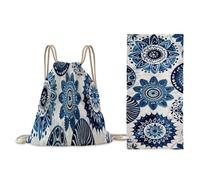 Treer Beach Towel That Turns Into a Bag, 3D Large Microfibre Beach Towels for Adults 2 in 1 Lightweight for Sun Loungers, Travel, Summer, Swimming, Gym, Sports, Yoga (Blue Boho,70 * 140cm)