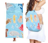 Treer Beach Towel That Turns Into a Bag, 3D Large Microfibre Beach Towels for Adults 2 in 1 Lightweight for Sun Loungers, Travel, Summer, Swimming, Gym, Sports, Yoga (70 * 140cm,Seahorses)