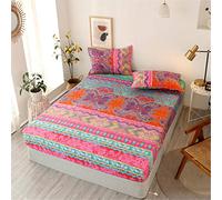 Treer Bedding Fitted Sheets Soft, Microfibre Elasticity Print Comfort Easy Care Bed Sheet Extra Deep Wrinkle and Fade Resistant Single Double King + 2 Pillowcase (Boho-red,150x200x30cm)