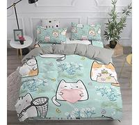 Treer Cat Duvet Cover Set Single Size for Kids Boys, 3 PCS Green & Grey Cute Cartoon Animal Printed Bedding Set Soft Microfiber Easy Care Quilt Cover with 2 Pillow cases -135 x 210 cm