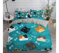 Treer Cat Duvet Cover Set Small Double Duvet Set 155 x 220 cm 3 PCS Cute Animal Print Bedding Set Soft Microfiber Easy Care Quilt Cover with 2 Pillow Cases