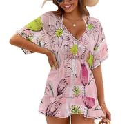 Treer Chiffon Beach Coverups for Women, Lightweight Beach Cover Up, Sarongs for Women Beachwear, Pullover Loose Summer Dress for Holidays, Poolside, Seaside, Party (Pink Flowers,XXL)
