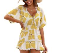 Treer Chiffon Beach Coverups for Women, Lightweight Beach Cover Up, Sarongs for Women Beachwear, Pullover Loose Summer Dress for Holidays, Poolside, Seaside, Party (Yellow Pattern,S)