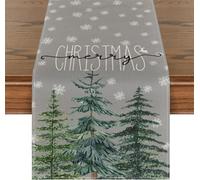 Treer Christmas Linen Table Runner Washable Rectangle Christmas Tree Print Table Runner, Table Decorations for Festival Party Dinner, Christmas Table Centrepiece (33x275cm,Grey)