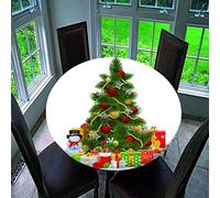 Treer Christmas Round Tablecloth Waterproof Wipeable, 3D Christmas Tree Print Circular Tablecloths Fitted Elastic Edged Xmas Table Cover Decoration for Kitchen Picnic Outdoor Indoor (A,90cm)